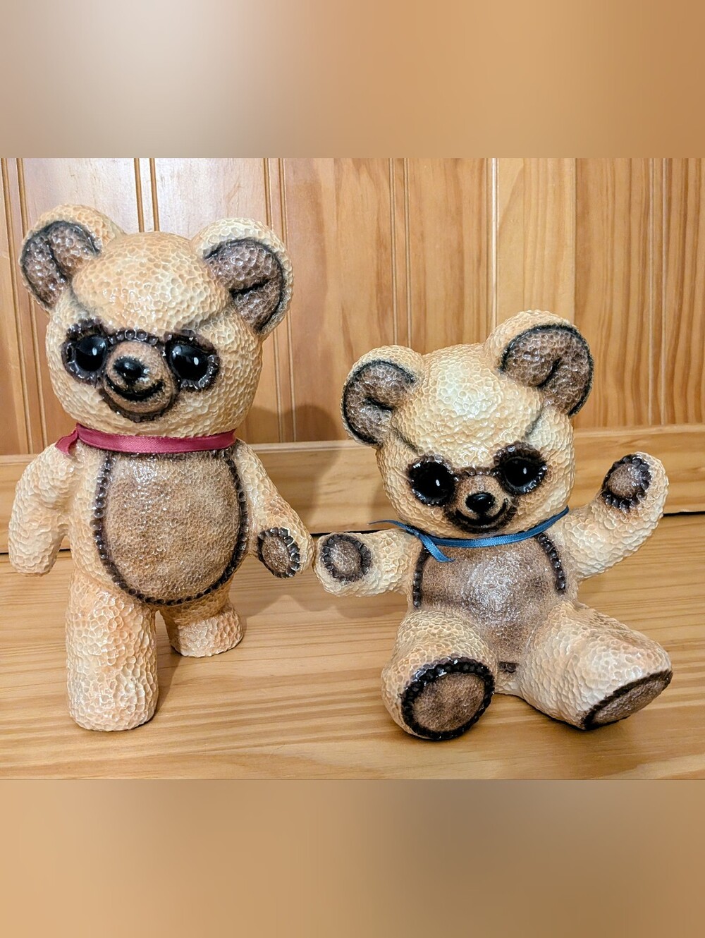 Vintage Laur-Al Crafts Ceramic Teddy Bear Figurines Pair Red Blue Ribbon Set 2